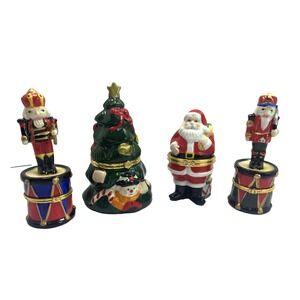 Four Vintage Christmas Hinged  Trinket Boxes Santa Toy Soldier Tree Figurines